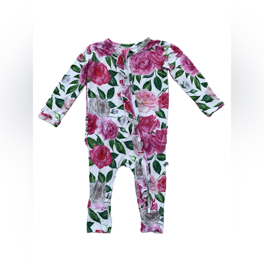 Bums & Roses Size 3-6 Months Rose Floral Print Bamboo Ruffle One Piece Romper